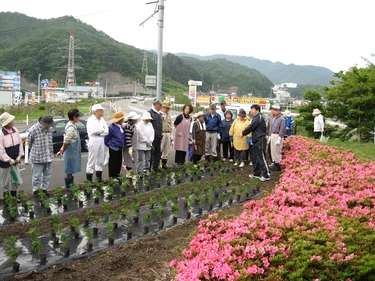 花壇整備の説明を受ける住民たち
